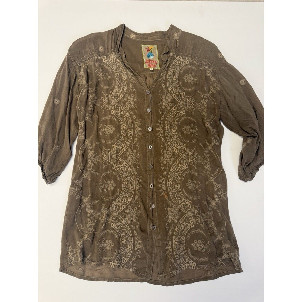 Johnny Was Embroidered Button Front Blouse Women’s S Brown Boho 3/4 Sleeve Top